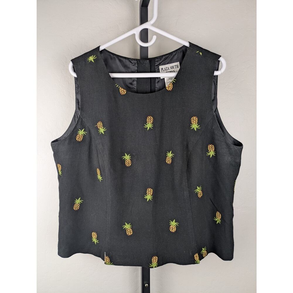Vintage embroidered pineapple print linen blend sleeveless top